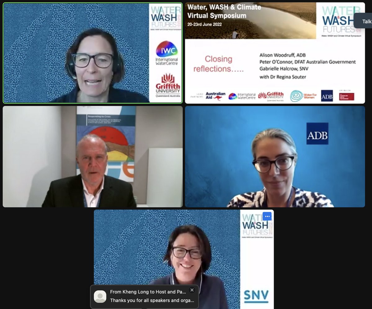 WASHFutures's tweet photo. @dfat @Int_WaterCentre @_waterforwomen @WaterPartnersAU @ADBWater Thank you Peter O'Connor @DFAT Alison Woodruff @ADBWater & Gabrielle Halcrow @SNV_WASH for your reflections on the Symposium. Urgent work to do to integrate WASH & WRM in a changing climate #WASHFutures https://t.co/rAnxrV3ewz