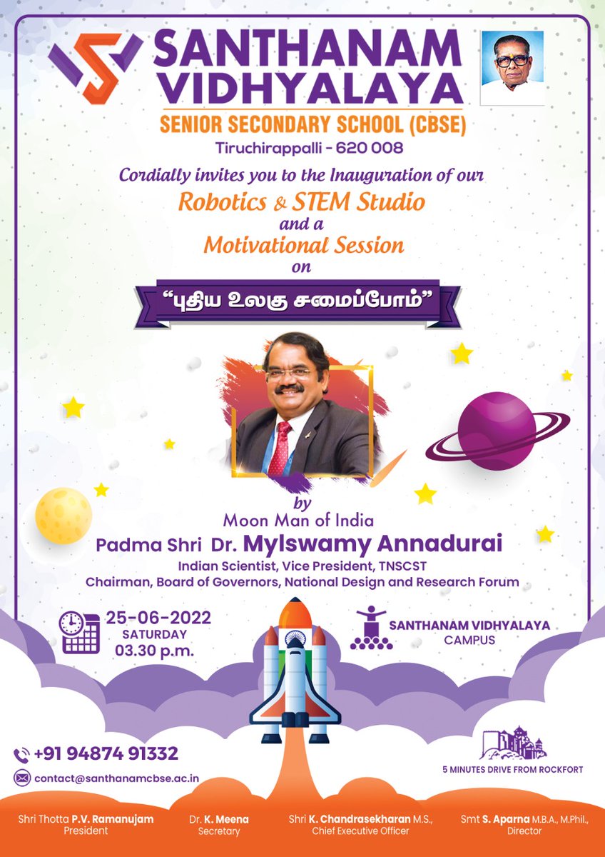 CONTACTSV1's tweet image. We cordially invite you to the inauguration of our #Robotics &amp;amp; STEM Studio and a Motivational Session on புதிய உலகு சமைப்போம் by  Moon Man of India Padma Shri Dr. Mylswamy Annadurai  -  25th June 2022 at 3.30 p.m. at our Campus. All are welcome!
 #STEMStudio