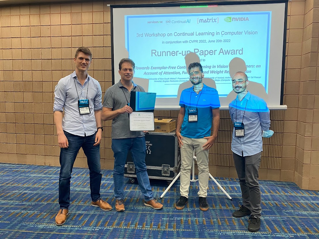 Congrats to the runner-up paper award, winning $500 from the MATRIX project.

"Towards Exemplar-Free Continual Learning in Vision Transformers: an Account of Attention, Functional and Weight Regularization"