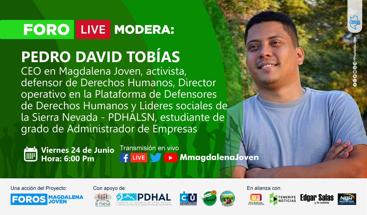 MMagdalenaJoven's tweet photo. #ForoLive | Este espacio será moderado por @PedroDavidTM, CEO en @MMagdalenaJoven, activista, defensor de Derechos Humanos, Director operativo en @PdhalSN, estudiante de grado de Administrador de Empresas 

#Jóvenes #Rurales #Incidencia #Política #Magdalena #Cesar #MagdalenaJoven https://t.co/OYWVjdeyjM