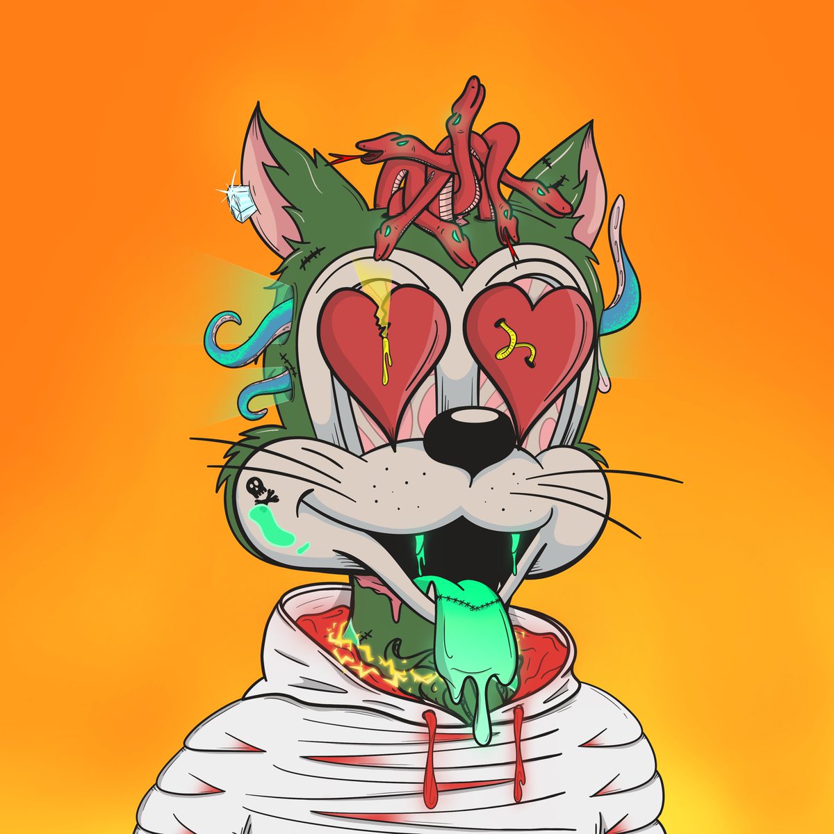 marcelomglol's tweet photo. I BLEW UP MY ZOMBIE!! A full set, with love! Looking sick, @DegenToonz #toonztothemoon #ToonzTakeNY 
Love how the mutated orange BG pops.. I still have some sticks left, so more to come 🧨🧪 https://t.co/219wwn1pfM