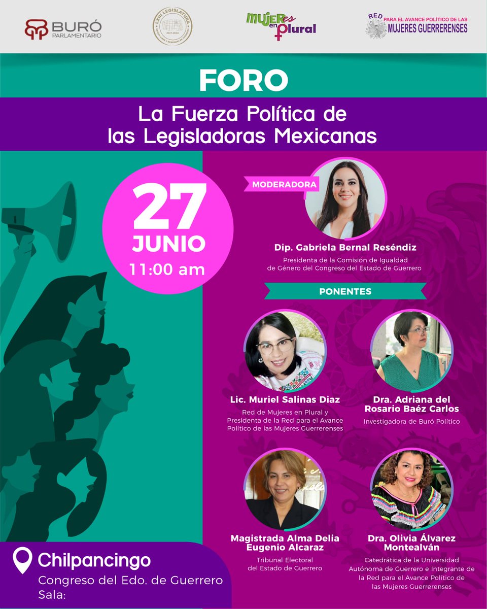 📌📌📌¡Aparta la fecha! En coordinación con <a href="/MujerEsPlural/">Mujeres en Plural</a>, <a href="/BuroParlamento/">Buró Parlamentario</a> y <a href="/congresogro/">Congreso Guerrero</a> invitamos al Foro: La Fuerza Política de las Legisladoras Mexicanas, este 27 de junio en el <a href="/NeriGro/">Instituto Eduardo Neri Gro.</a> , evento que encabezará la dip. <a href="/GabyBernal/">Gabriel Bernal</a>, Pdta. de la Comisión de Igualdad de Género.