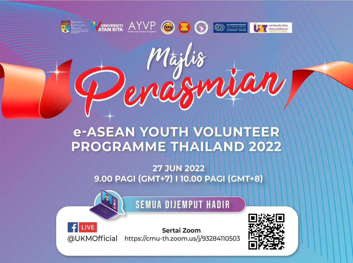 ukm_my's tweet photo. Majlis Perasmian Pembukaan e-AYVP Thailand 2022
Tarikh: 27 Jun 2022 (Isnin)
Masa: 9.00 Pagi (GMT+7) & 10.00 Pagi(GMT+8)
Tempat: Aplikasi Zoom & FB Live
Zoom link - https://t.co/iAlyNraBu8
FB Live - https://t.co/U53ZlgQUV6
Semua dijemput hadir.
#AYVP2022 #UCTC #UKM #UKMSharing https://t.co/nk7QSNfjE0