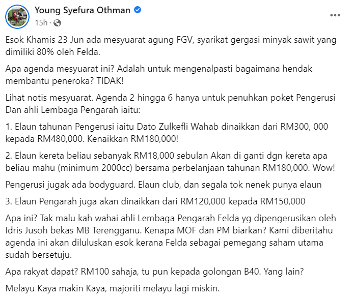 NewsBFM's tweet photo. 1. DAP assemblyperson Young Shefura Othman has questioned FGV Holdings’ proposal for Chairman Dzulkifli Abd Wahab’s allowance to be increased by 60% to RM480,000. 

“Apa rakyat dapat? RM100 sahaja, tu pun kepada golongan B40. Yang lain?” she wrote in a Facebook post. https://t.co/QEJXVQ1gUX