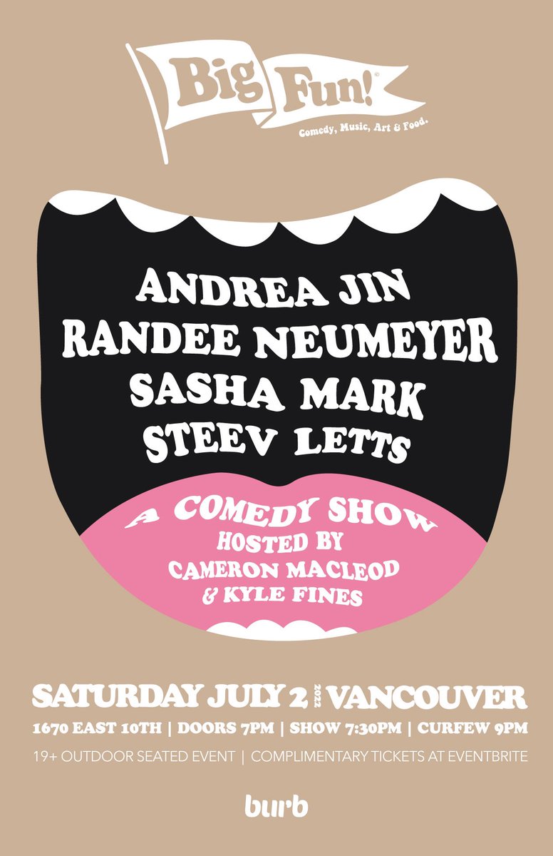 MY!GAY!HUSBAND! (@mygayhusband) on Twitter photo 🚩 <a href="/BigFunVancouver/">BigFunVancouver</a> Returns For A One Night Only Free Outdoor Stand Up Comedy Show With <a href="/andreajin_/">andrea☁️</a> <a href="/randeenoodle/">Randee</a> <a href="/sashmarked/">Sasha Mark</a> <a href="/SteevLetts/">Steev Letts</a> <a href="/ClamMacleod/">Cameron Macleod</a> & Kyle Fines Saturday July 2 2022 On Commercial Drive 🚩
Complimentary Tickets At bit.ly/BigFun2022 🚩 <a href="/BigFunVancouver/">BigFunVancouver</a> Returns For A One Night Only Free Outdoor Stand Up Comedy Show With <a href="/andreajin_/">andrea☁️</a> <a href="/randeenoodle/">Randee</a> <a href="/sashmarked/">Sasha Mark</a> <a href="/SteevLetts/">Steev Letts</a> <a href="/ClamMacleod/">Cameron Macleod</a> & Kyle Fines Saturday July 2 2022 On Commercial Drive 🚩
Complimentary Tickets At bit.ly/BigFun2022