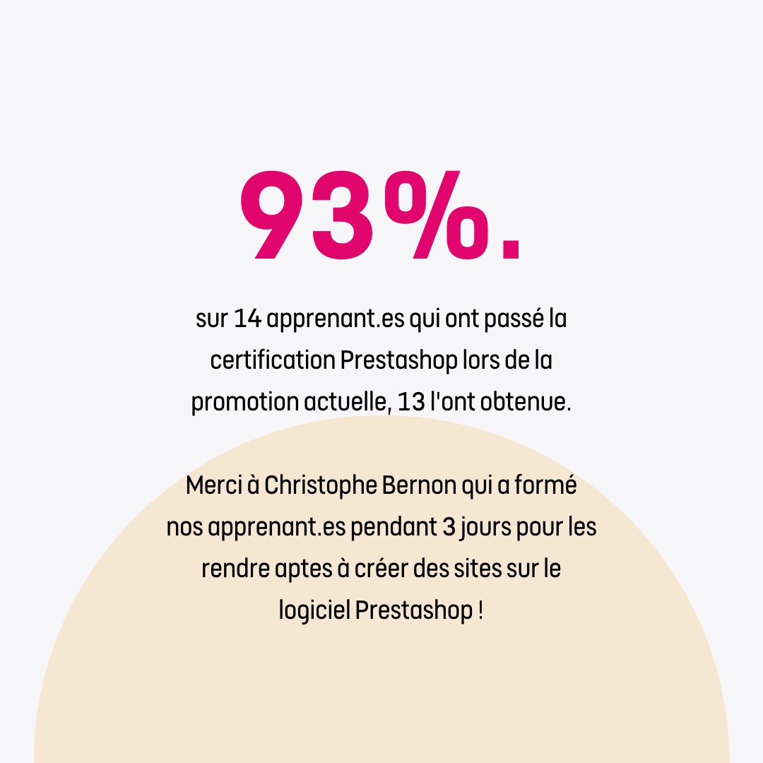 Cette semaine, nos apprenant.es ont passé la certification Prestashop, qui rend compte de leur aptitude à créer des sites sur le logiciel Prestashop. 🌐

Merci à Christophe Bernon qui a formé bénévolement nos apprenant.es sur 3 jours ! 🙏