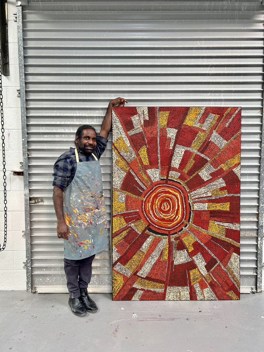 apyacc's tweet photo. Aaron Ken from @kaltjitiarts keeping his grandfather’s Tjukuṟpa alive in the Adelaide studio this week! Mr Tjalkari from @tjungu_palya_arts was a true hero of the APY art movement, he is loved and missed by all. His story is in safe hands with Aaron❤️ https://t.co/zfwnYZh4xz