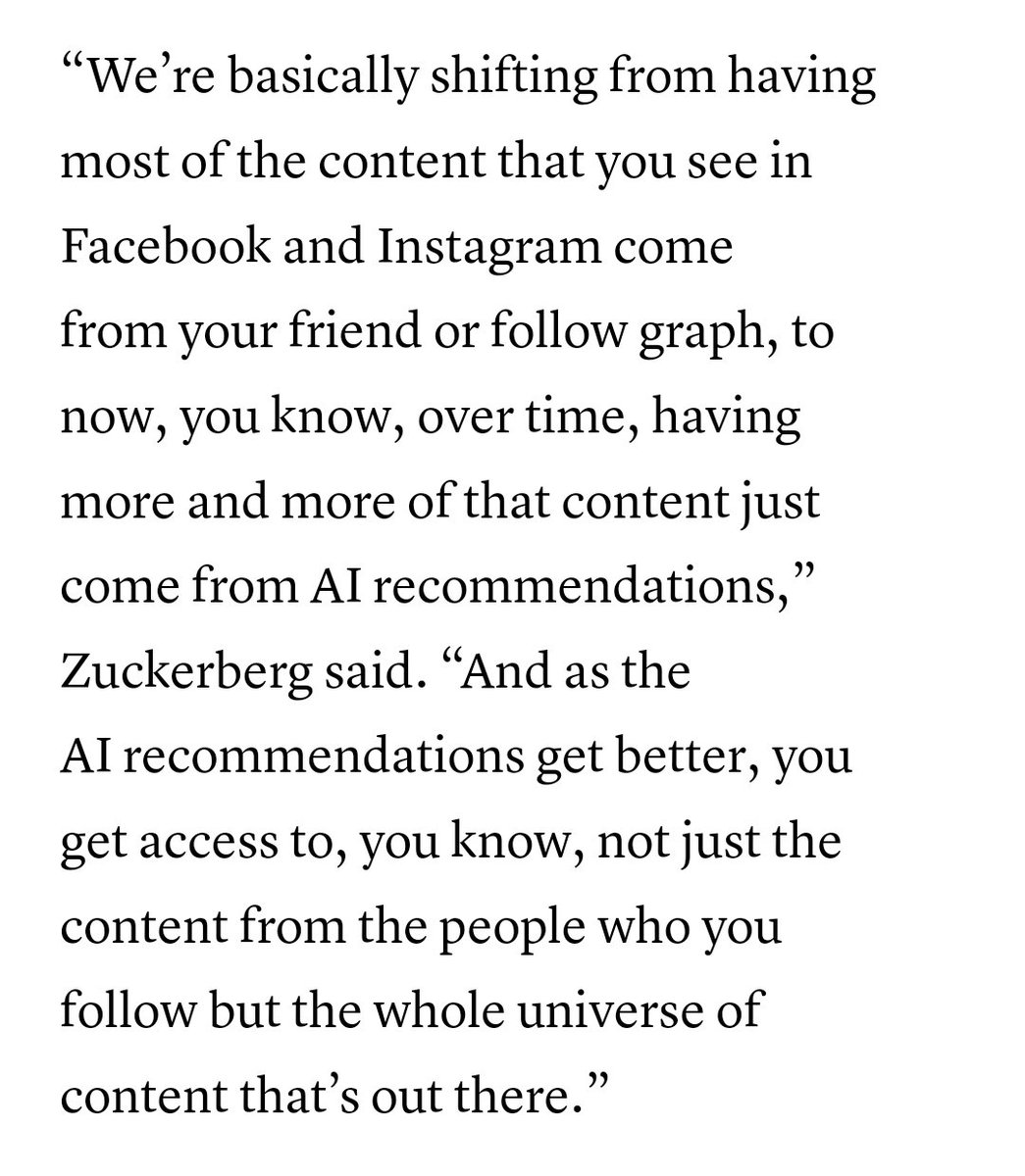 Mark Zuckerberg persiste et signe : Facebook et Instagram ne seront bientôt plus des réseaux sociaux (où vous voyez les publications des gens que vous avez décidé de suivre), mais des moteurs de recommandation de contenus à la TikTok cnbc.com/2022/06/22/mar…
