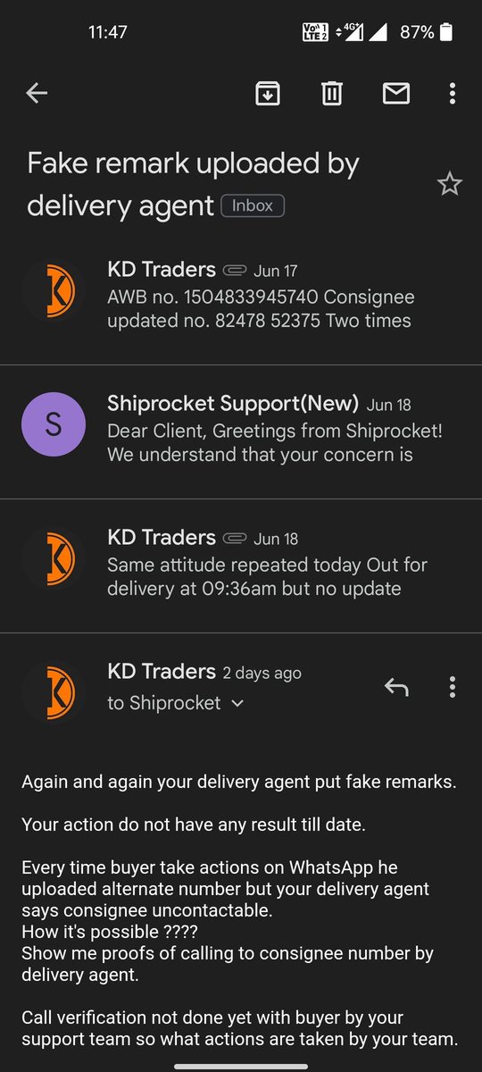 Kuldeepb47's tweet photo. @ShiprocketCare @ShiprocketIndia  @saahilbigfoot @help_delhivery @delhivery 
AWB no. 1504833945740

Your agent uploaded fake remarks again &amp; again, so many complaints by me by consignee but you do nothing and few days you even reply my MAILS TWEETS very disgusting service. https://t.co/IhfUck5bxq