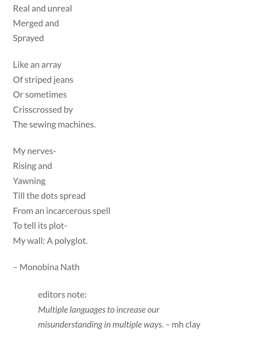 MonobinaNath's tweet photo. On June 23, 2022, my poem "My Wall: A Polyglot" published in the Mad Swirl Magazine (USA).
Many thanks to @madswirl for considering my work.
Link-https://t.co/pXGIaSYcax

#poetess
#indianwritinginenglish 
#poetrycommunity 
#poetry 
#mywallapolyglot https://t.co/5k4qP2KZ3D
