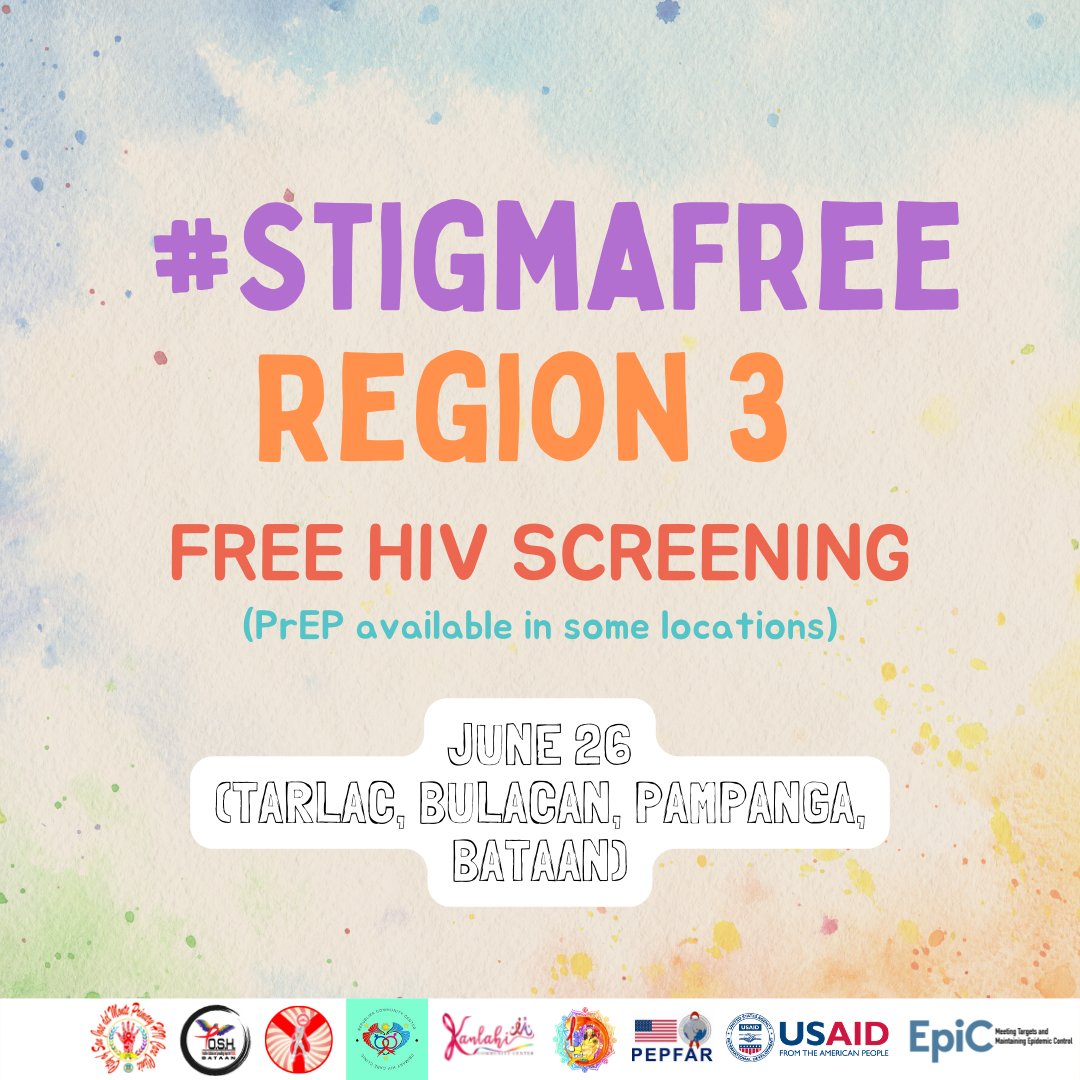 CENTRAL LUZON IS JOINING THE PRIDE PARTY!

On June 26, FREE HIV tests and PrEP* will be available in some locations in Central Luzon, for a #StigmaFreeRegion3!

Participating areas:
- Tarlac, Bulacan, Pampanga, &amp; Bataan

SIGN UP HERE:
forms.gle/B7jb4MeWZK8nfx…

* Select areas only