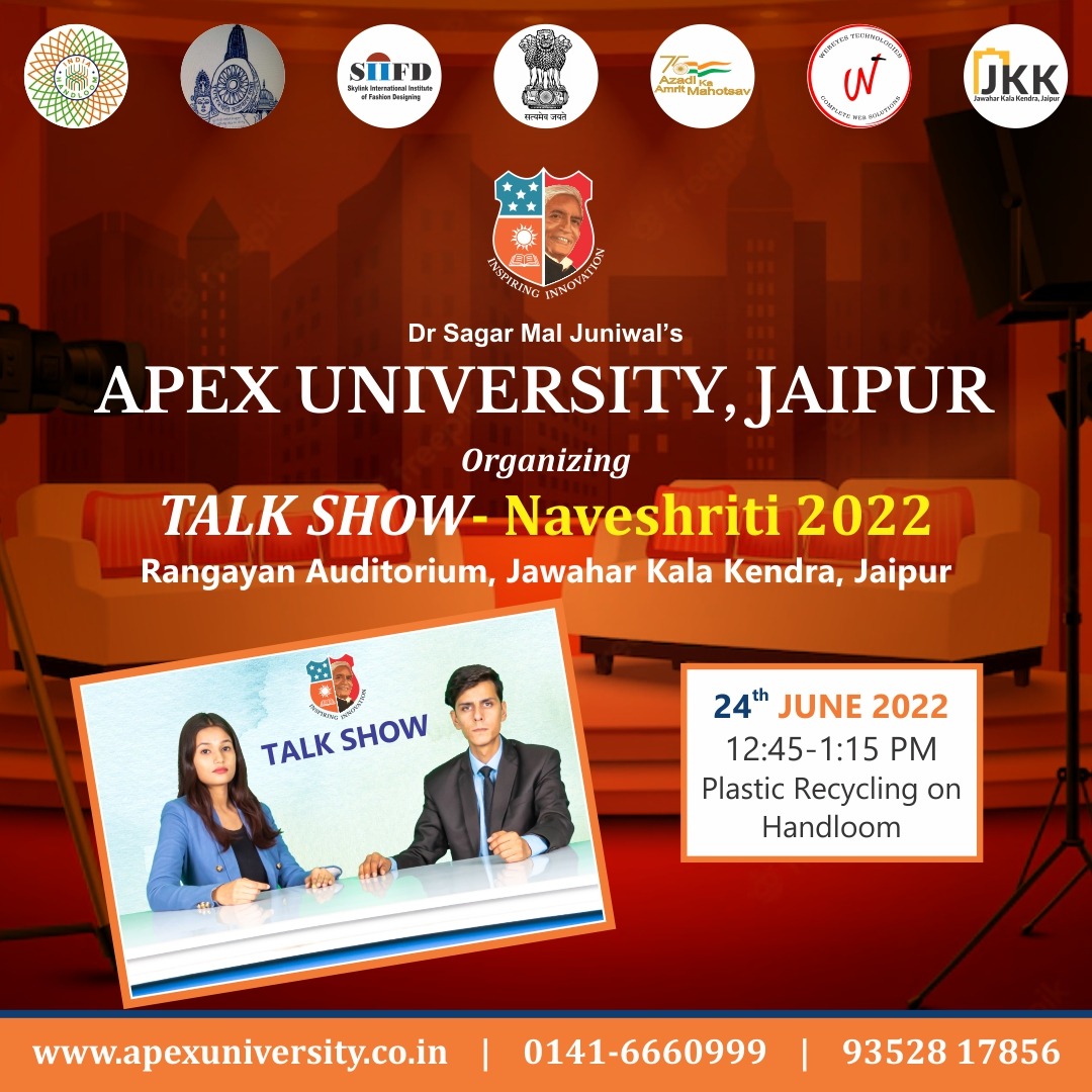 APEX_COLLEGES's tweet photo. Apex School of Fashion & Design, Apex University, Jaipur is going to organize Talk Show - Naveshriti 2022 on 24th June 2022 at Rangayan Auditorium, Jawahar Kala Kendra, Jaipur.
#JKK #JawaharKalaKendra #JawaharKalaKendraJaipur #talkshow #jaipur #eventsinjaipur #students https://t.co/c9hK6BUTSs