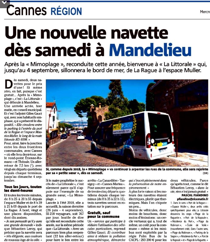 CACPLOfficiel's tweet photo. [PRESSE] 🗞

🚎 J-2 avant le lancement de la nouvelle navette estivale #LaLittorale, qui sillonnera le bord de mer mandolocien, en complément de l'autre navette - la #MimoPlage - qui fera elle le lien avec le centre-ville.

A découvrir dans @Nice_Matin ⤵️

#Mobilité #CannesLérins https://t.co/wIFiXIiJ8z