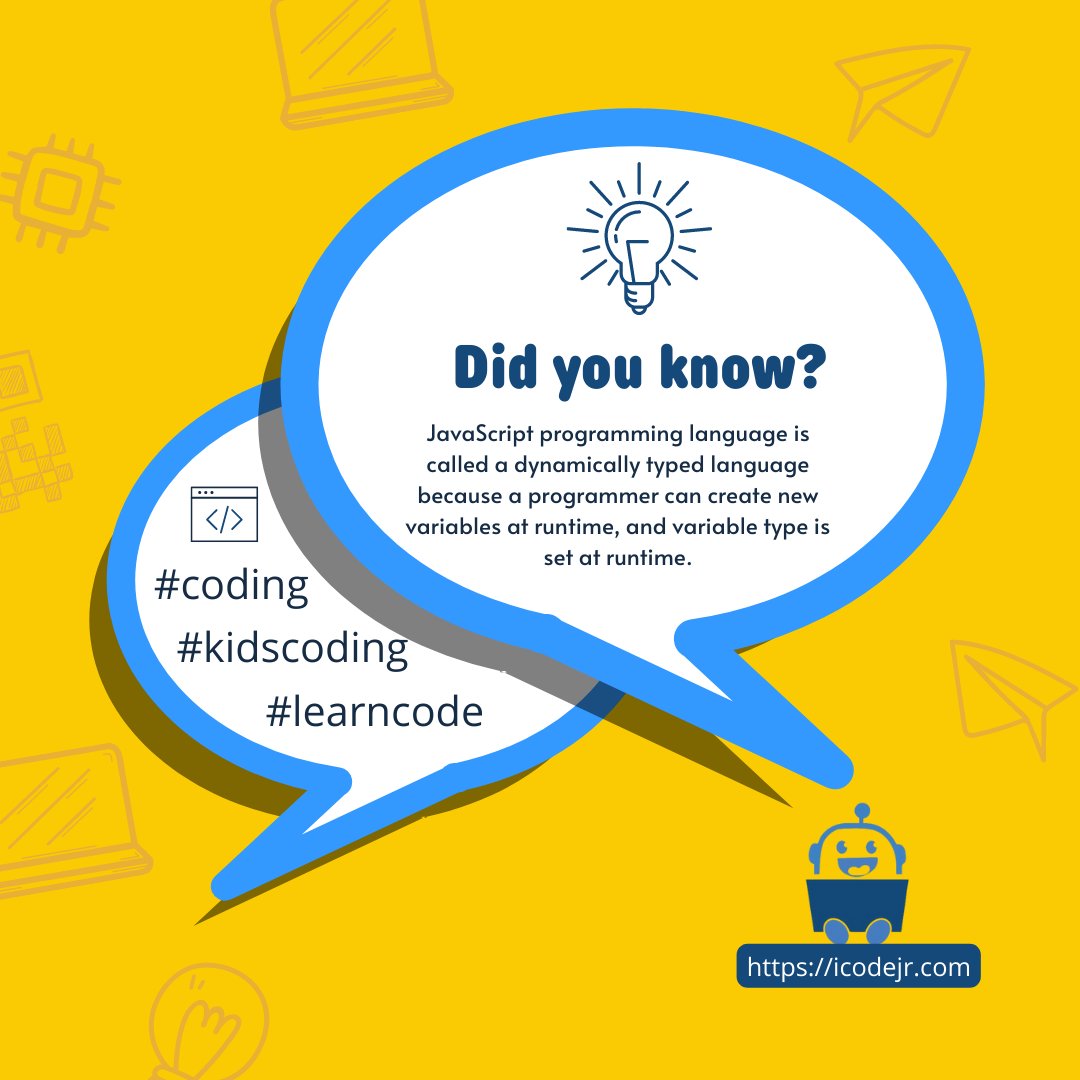 icodejr's tweet image. JavaScript programming language is called a dynamically typed language because a programmer can create new variables at runtime, and variable type is set at runtime.
#codingclasses #codingfact #codingfacts #didyouknow #DidYouKnowThis #interstingfacts #didyouknowfacts♥️