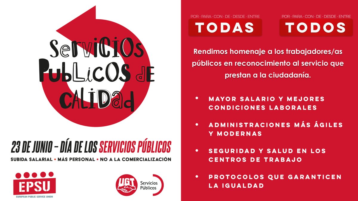 Aumentar salarios y mejorar derechos: Objetivos de <a href="/UGT_SP/">UGT Servicios Públicos</a> en el Día Mundial de los Servicios Públicos #PublicServiceDay #23Jun.

¡Gracias por vuestra labor!
#Esenciales

📍bit.ly/3zY8oZx