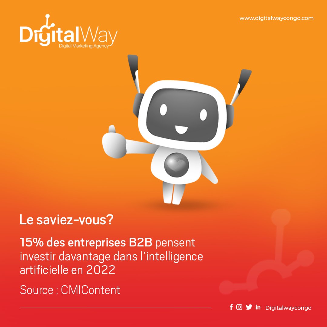 DigitalwayCongo's tweet image. ↪️ En 2022, 15% des entreprises #B2B pensent investir dans l’intelligence artificielle (@CMIContent)

🤔Pourquoi ne pas y penser ?

Il est temps pour vous d’analyser à quel point cette solution peut être utile à votre #activité aujourd’hui et/ou dans un futur proche.

#DigitalWay