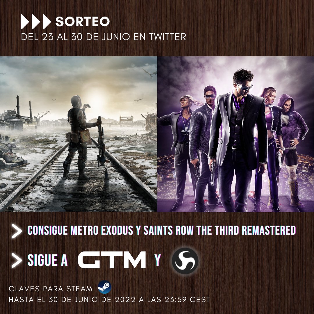 GamesTribune's tweet photo. ⭐¡Sorteo!⭐ 

✅ Consigue un código de #SaintsRow The Third Remastered y #MetroExodus para STEAM
 
👉Sigue a @GamesTribune y @DeepSilverES + RT a este tuit 🔁 

📅 Fin: 30/06/2022 - 23:59 (CEST) https://t.co/IdUkhRVdSa