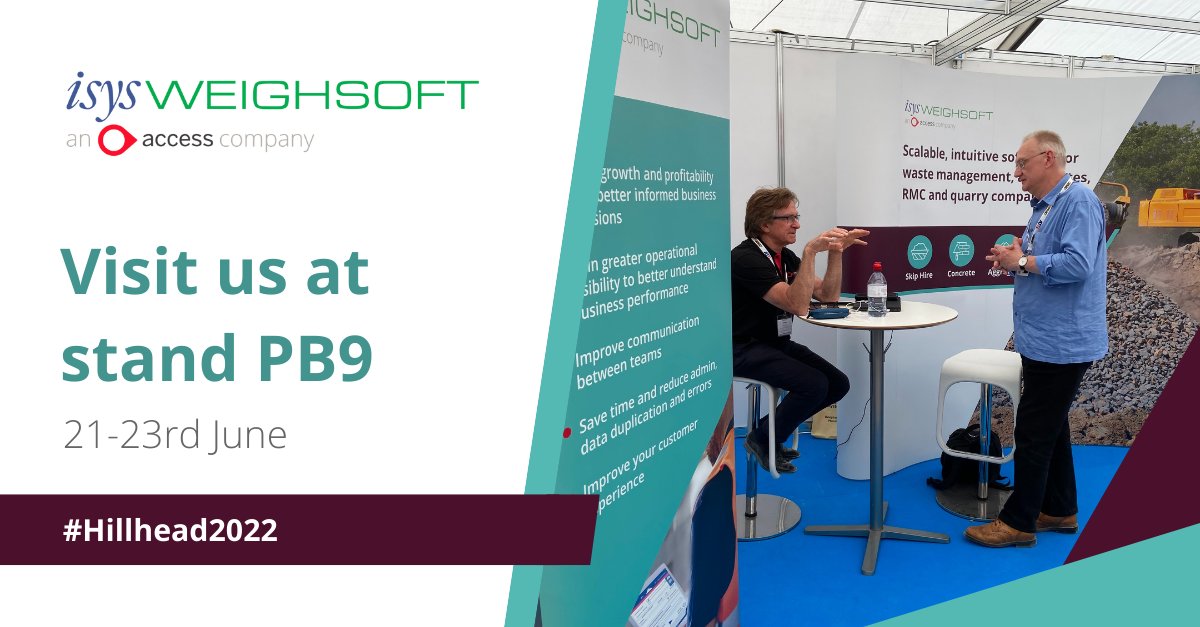 It is the last day of #hillhead2022 and there is still time to visit our stand at PB9 in the main pavilion to talk to the Isys Weighsoft team about how our waste management software can streamline your operations.

#wastemanagement #constructionsupply #quarrymanagement #recycling