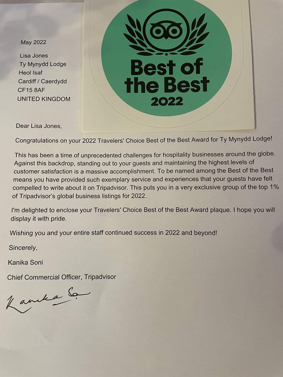 Surprised and thrilled to receive this through the post this morning! Thank you so much to everyone who has and continues to support us, it means the world to us! #travellerschoice2022 #nicetobenice #cardiff #wales #caerdydd #cymru 🏴󠁧󠁢󠁷󠁬󠁳󠁿🏴󠁧󠁢󠁷󠁬󠁳󠁿🏴󠁧󠁢󠁷󠁬󠁳󠁿<a href="/VisitCardiff/">Visit Cardiff</a> <a href="/visitwales/">Visit Wales 🏴󠁧󠁢󠁷󠁬󠁳󠁿</a>