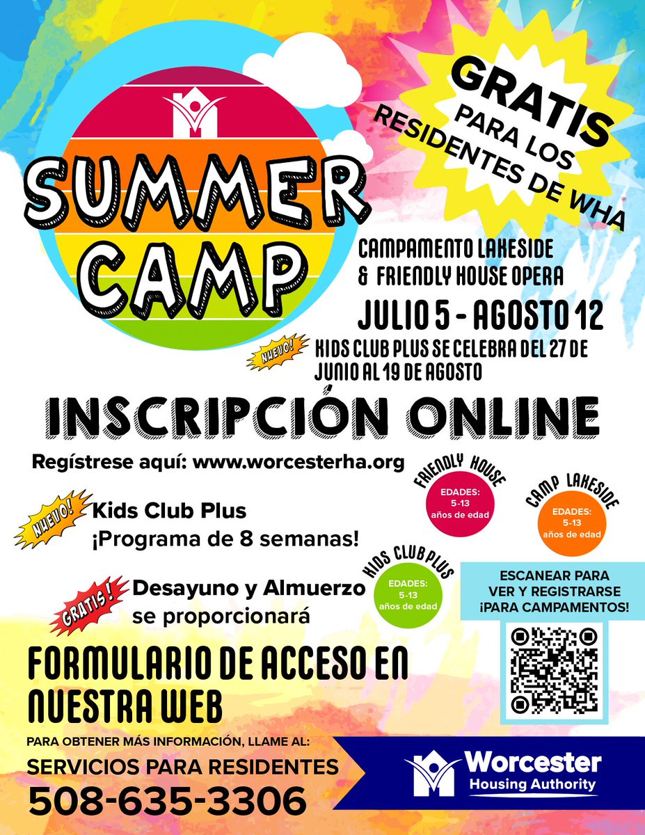 WHAuthority's tweet photo. ☀️🏕️Summer Camp! Be next in line to grab a spot! FREE for WHA residents!
‼️➡️Visit our Summer Programs page to fill out an ONLINE APPLICATION today!
https://t.co/BMvX1Z6hrj
Call Residents Services:
508-635-3306
#WHA #worcesterhousing #worcesterma #LetsGetBack #summercamp https://t.co/ymKz96vFgU