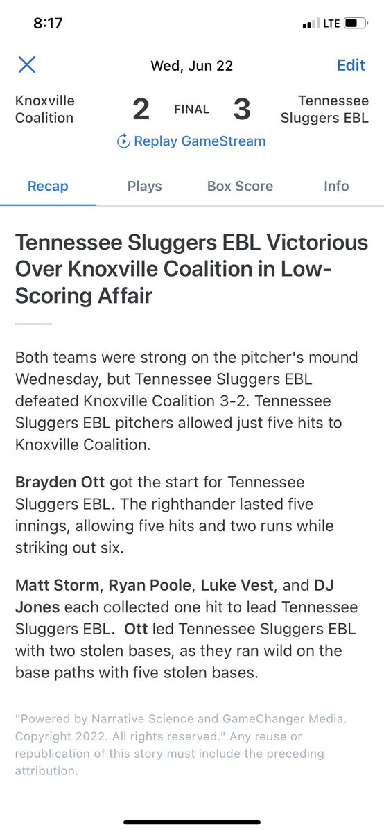 TNSluggers's tweet photo. The Sluggers had a big win yesterday!! That’s 4 straight wins! #baseball #pitchingbattle #winning #keepsluggin https://t.co/cxnHBOeZVy
