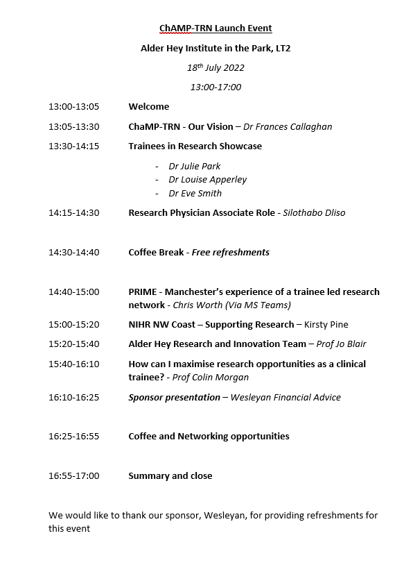 The programme is out for the Cheshire &amp; Merseyside paediatric trainee research network launch event! This FREE event highlights research support and expertise in the region. Don't forget to register as places are limited forms.gle/XbuHfg5MpKfyvF… #paedsrocks