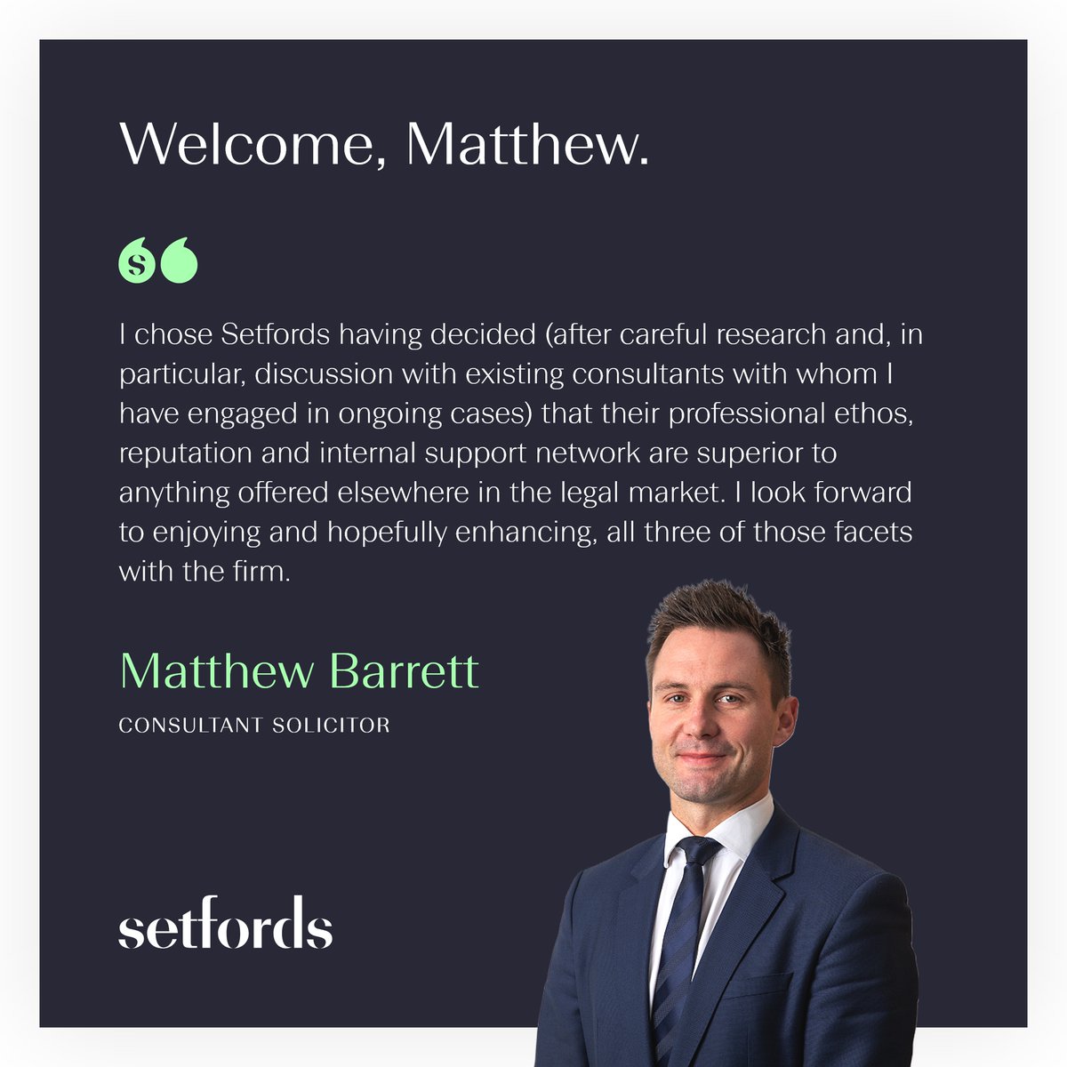 setfordslegal's tweet photo. Matthew Barrett has joined the ever-expanding network of consultant lawyers at Setfords. We wish you every success! Click here to view his profile: https://t.co/LNVA0dm8iA https://t.co/0tiIaVd0OG