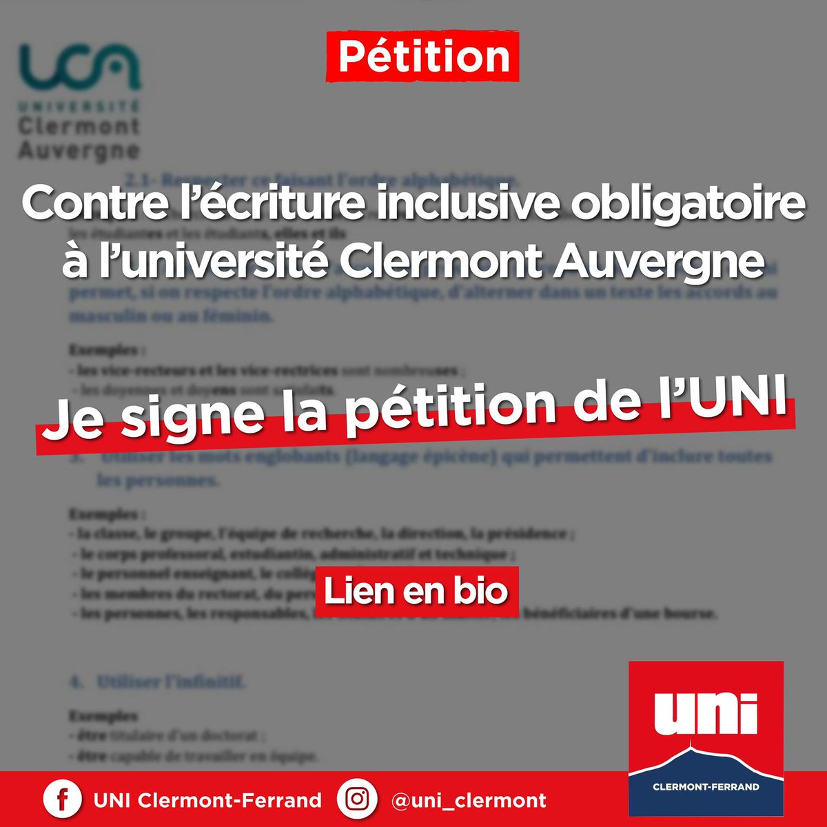 UniClermont's tweet photo. Aidez-nous à faire reculer @UCAuvergne qui veut imposer l'écriture inclusive en signant notre pétition !

@droiteuniv

https://t.co/hVDOqpQrVu https://t.co/XIgXWXr3oW