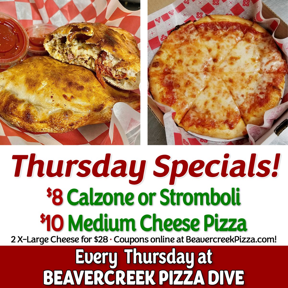 BCPizzaDive's tweet photo. Every Thursday, our Make-Your-Own Calzone with cheese &amp; three ingredients is just $8 (add ingredients at menu price), or get $3 off a Specialty Calzones.

🍕🍕Also every Thursday, get a Medium Cheese Pizza for $10, or 2 X-Large Cheese Pizzas for $28. Add toppings at menu price. https://t.co/nqhddNAuTb
