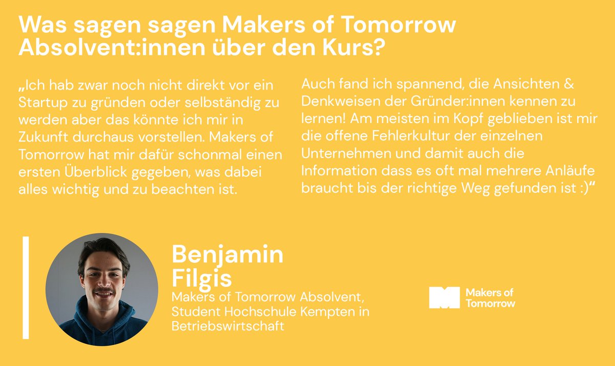 Benjamin Filgis, #Student im Studiengang #Betriebswirtschaft an der #Hochschule #Kempten, hat den Online-Kurs #MoT erfolgreich absolviert und spricht über seine Erfahrungen mit dem Online-Kurs, und welche #Werte er mitgenommen hat. 👉 makers-of-tomorrow.de