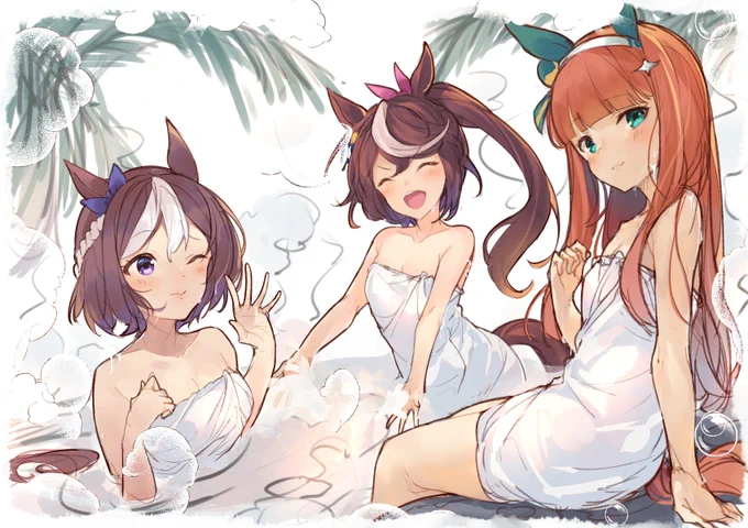 予選お疲れ様でした～!!お肉集め🍖をがんばったウマ娘たちは一足先にリゾート温泉でリラックス☁🏇♨ #グラブル 