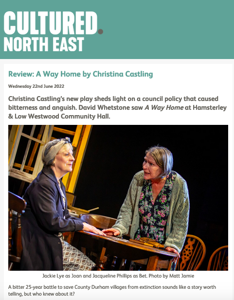 "Christina Castling has... done what she intended to do, pulled from the brambles a bit of history that merits exposure." Find out more about #AWayHomePlay from the brilliant <a href="/DavidJWhetstone/">David Whetstone</a> <a href="/culturemag/">CULTURED. North East</a>. 

#ACESupported #NationalLottery #AWayHomeReview
culturednortheast.co.uk/2022/06/22/rev…