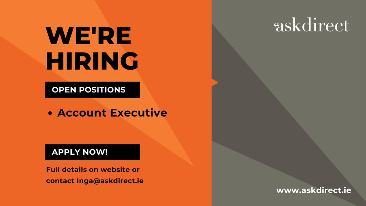 ask_direct's tweet image. We're hiring: looking for a fantastic Account Exec to join the team. Flexible working, €26-32k. Sound like you or someone you know? askdirect.ie/jobs/