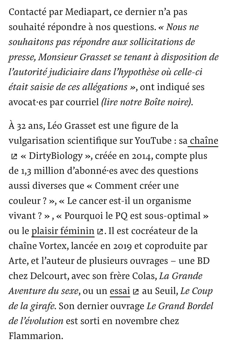 hxrnxthxptxr's tweet photo. Comme j'ai eu accès à l'article entier de Mediapart sur Leo Grasset/Dirtybiology et qu'il n'y avait pas de alt texts dans les screens que j'ai pu trouver ici, j'ai préféré le refaire, avec les textes alternatifs et en version intégrale pour une meilleure accessibilité de l'info https://t.co/nUNCVzbXiw