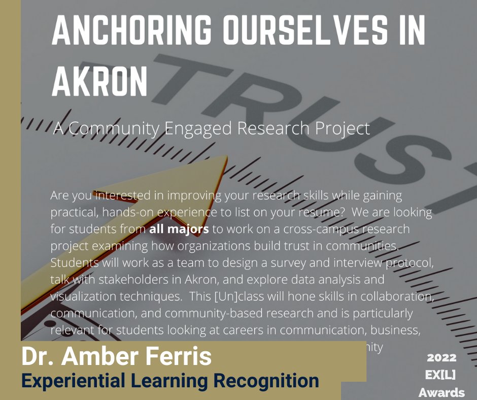 theEXLcenter's tweet photo. Championing [Un]class design, Associate Professor Dr. Amber Ferris received the well-earned 2022 Experimental Learning Recognition Award. Congratulations!!! #Uakron #EXLinAkron #2022EXLawards #UakronEXL #gozippy #Wednesdayrecognition https://t.co/zVtNr347oS