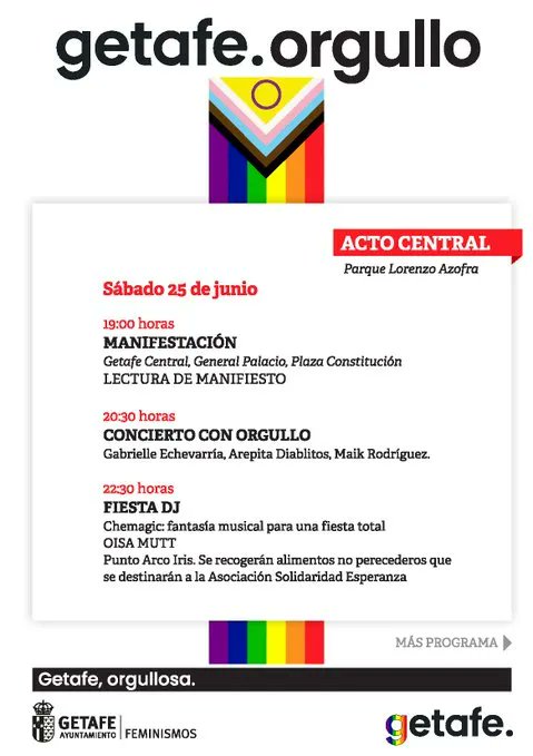 getafejoven's tweet photo. #OrgulloLGTBIQ2022 el sábado a las 19:00 h. #manifestaciónOrgullo desde Getafe Central, hasta plaza de la Constitución con #conciertoconorgullo  #GracielleEchevarria  #ArepitaDiablitos #MaikRodriguez  y #Fiestadj con @oisamutt #PuntoArcIirirs #RecogidaDeAlimentos https://t.co/LDOBXJjSNr