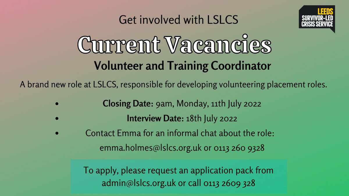 Current vacancies: IT, data and finance administrator, another new role at LSLCS! And there's plenty of time left to apply to work on the Connect Helpline or to become the Volunteer &amp; Training Coordinator.