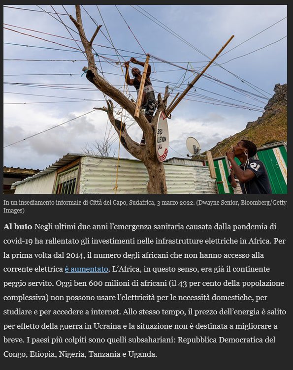 stevogallo's tweet photo. Nella newsletter di @Internazionale dedicata all’Africa, si parla di accesso all’energia e degli effetti negativi di #COVID19 e #UkraineRussiaWar sul trend fino ad ora positivo #sdg7 #sustainableenergy #africa https://t.co/OSSEEBYKFH
