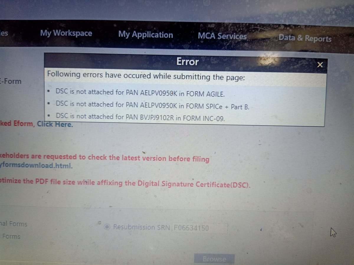 CSKanchan22's tweet photo. @MCA21India while resubmit the spice forms error came that dsc is not attached. Ticket no. SR2444985 https://t.co/plb29dJbOx