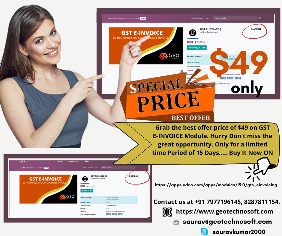 GeoTechnosoft's tweet photo. Hurry grab the offer now…Only for a limited time period of 15 Days. Buy It now on 
https://t.co/flBGD2C7GL     

Call +91 7977196145, 8287811154.
Also visit:https://t.co/hnE7PVRbag
saurav@geotechnosoft.com
#odoo #erp #odooerp #erpsystem #erpsoftware #odooopensource #einvoicing https://t.co/GZhkeH98H6