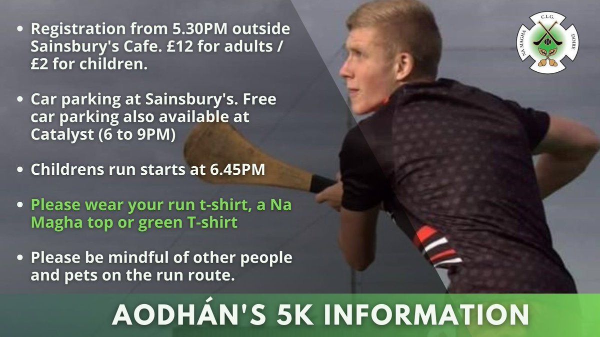 The day has arrived for Aodhán’s 5K. Weather is looking good and we’re ready to go 🌞 

You can still register this evening just outside Sainsbury’s Cafe from 5.30pm. £12 for adults | £2 for kids. Proceeds to <a href="/Foylerescue/">Foyle Search& Rescue</a> &amp; Na Magha. We can’t wait to see you all this evening 💚