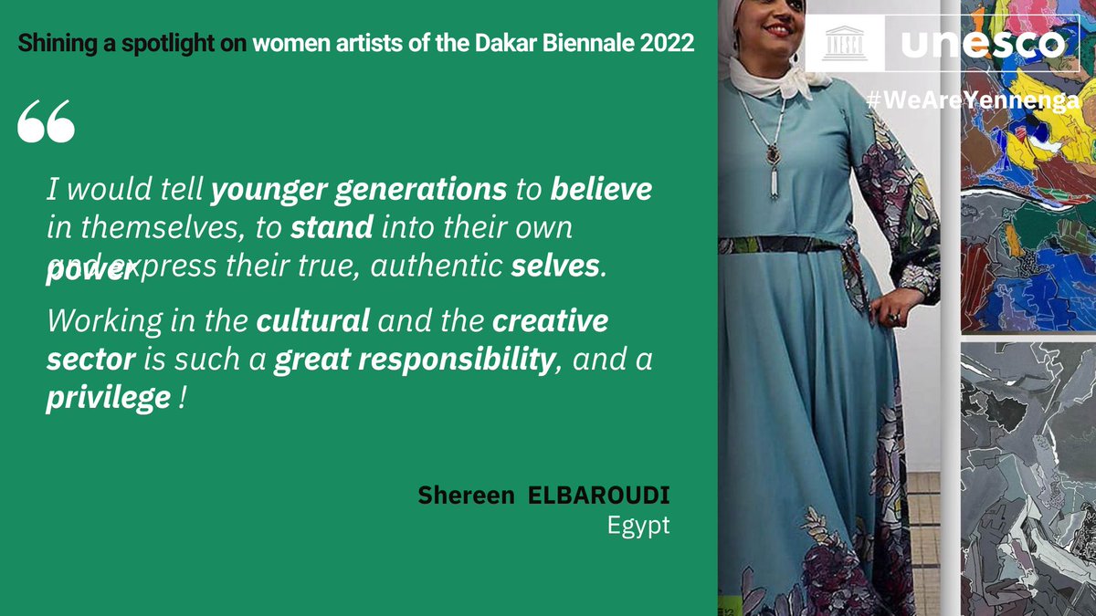 UNESCO_Dakar's tweet photo. ✏️ Shining a spotlight on women #artists of the #DakArt2022 - Lumières sur les créatrices de la #BiennaleDeDakar✏️
🖌️ Shereen ELBAROUDI #Egypte 🇪🇬👉https://t.co/3GQ7D3YHLY
📢#Women artists speak out!
Les créatrices prennent la parole !
#WeAreYennenga #INDAFFA #SupportCreativity https://t.co/Yc9mGmTfCE