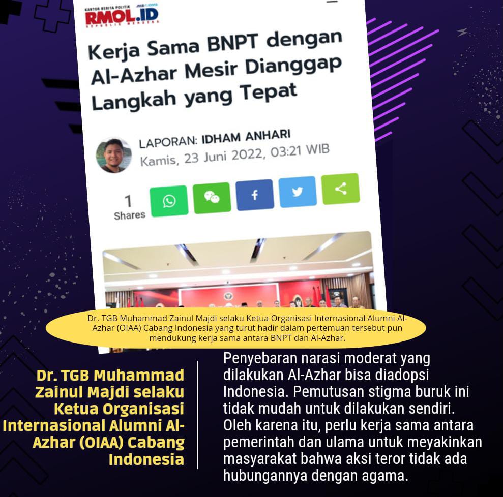 Stigma buruk tentang Islam tidak mudah dihilangkan, karena ulah oknum. Karenanya penyebaran narasi moderat  yang dilakukan Al-Azhar bisa di adopsi Indonesia. 

#BNPTGandengAlAzharMesir