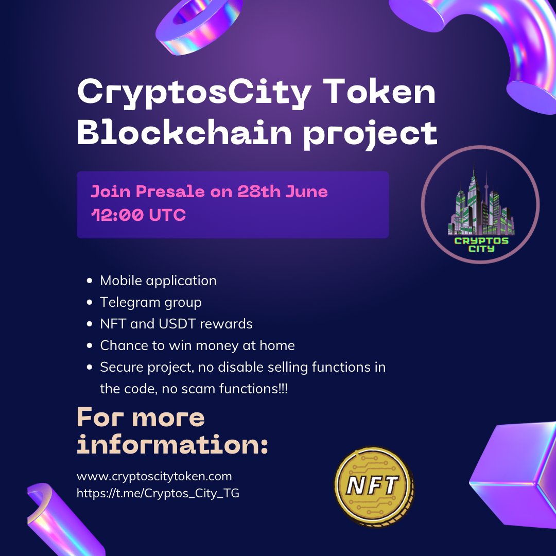 city_cryptos's tweet photo. 🏆PRESALE 28th JUNE 12:00UTC🏆
🔥 PRESALE (https://t.co/gl9lxN36cs)
🔥 LINKTREE (https://t.co/0KaTg6Tq2H)
🔥 REWARDS (USDT)
🔥 NFT
🔥 Mobile App
🔥 10% Buy/Sell taxes PERMANENT!🔝

* Presale Winners will be announced and receive their rewards live, right after presale ends 🏆🏆🏆 https://t.co/p88BjI5UXX