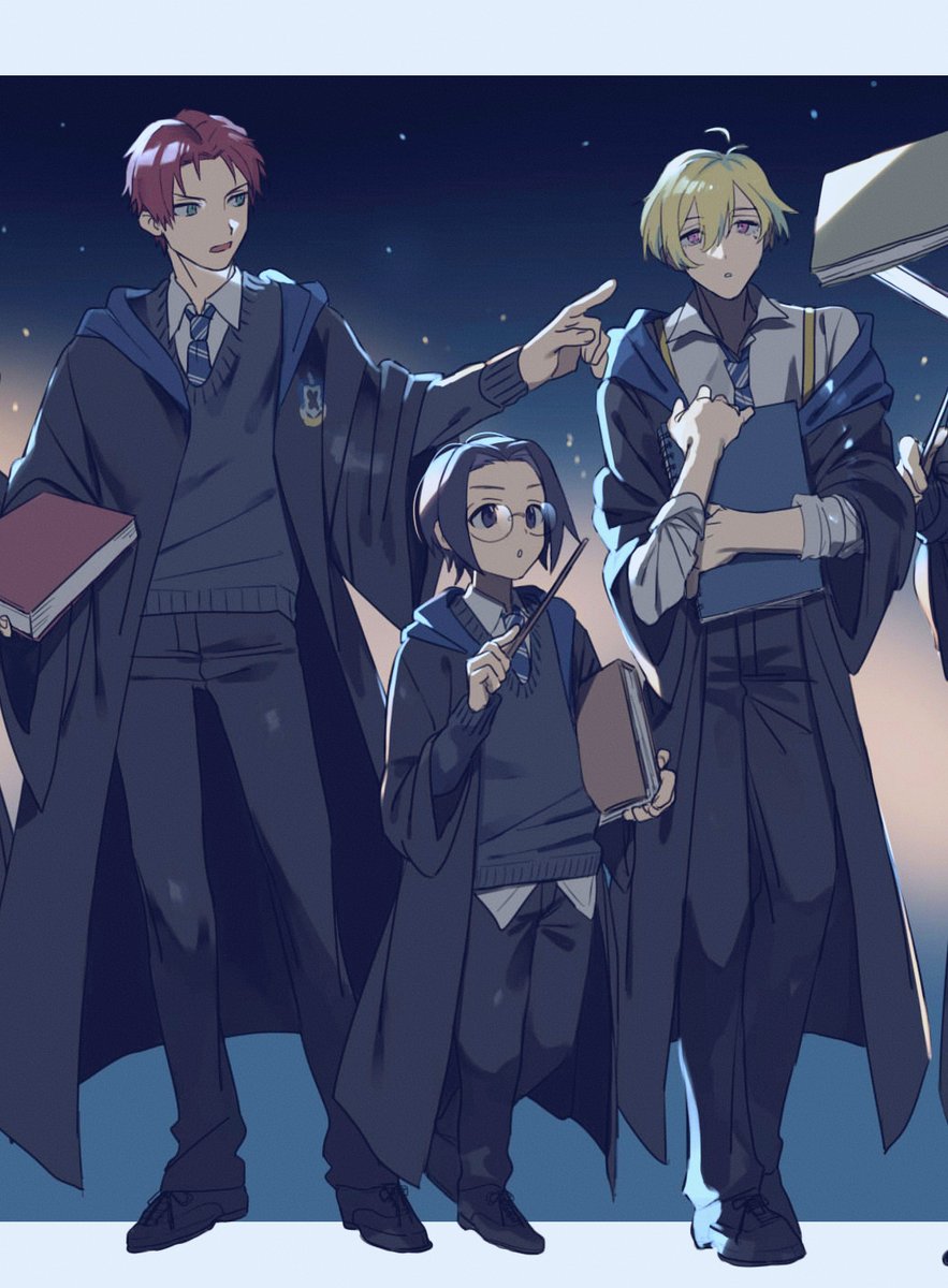 hogwarts school uniform multiple boys scarf 2boys holding book school uniform  illustration images