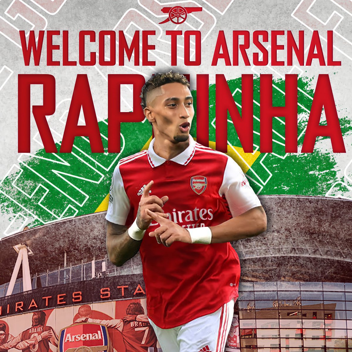 baxterrmedia's tweet photo. I know it’s way off yet but here’s a welcome post I made to practice some graphic design work, what do we think? @Arsenal #Raphinha #arsenal #COYG #AFC https://t.co/xpHJdYfuKO