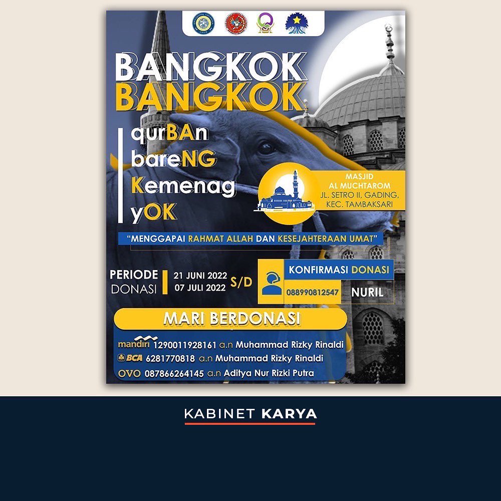 ✨QURBAN BARENG KEMENAG YOK✨

Kementerian Agama BEM FH Unair mengajak teman-teman untuk berdonasi  yang dapat dilakukan melalui :
1. Mandiri a.n Istifahani Nuril Fatiha 1420019897452
2. OVO a.n Aditya Nur Rizki Putra 087866264145
.

KABINET KARYA ! 
BERGERAK untuk BERKARYA !