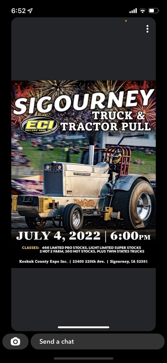 Pack your cooler’s and load your family up and come to Sigourney on the 4th to see a great night  of tractor pulling!!!Fire works at dark.