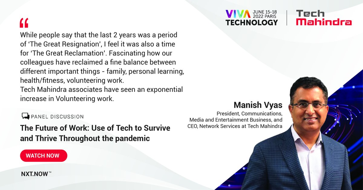 Our President, Communications, Media and Entertainment Business and CEO, Network Services @imanishvyas shared his views on the use of technology to survive & thrive through the #COVID19 pandemic, in a panel discussion at #VivaTech2022.

Watch now: cutt.ly/wKvnTG8

#NxtNow