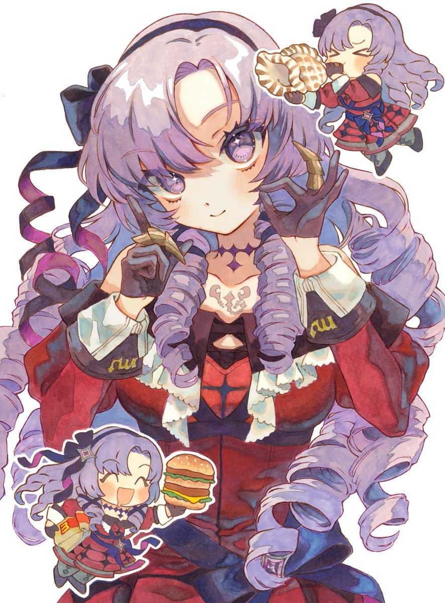 hyakumantenbara salome 1girl dress chibi purple eyes long hair burger gloves  illustration images